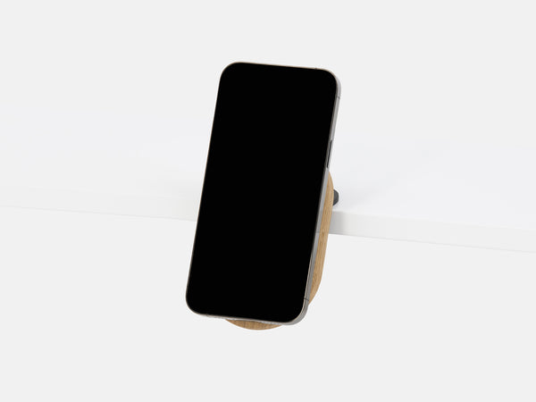 oak magsafe iphone desk shelf mount - in use | oak