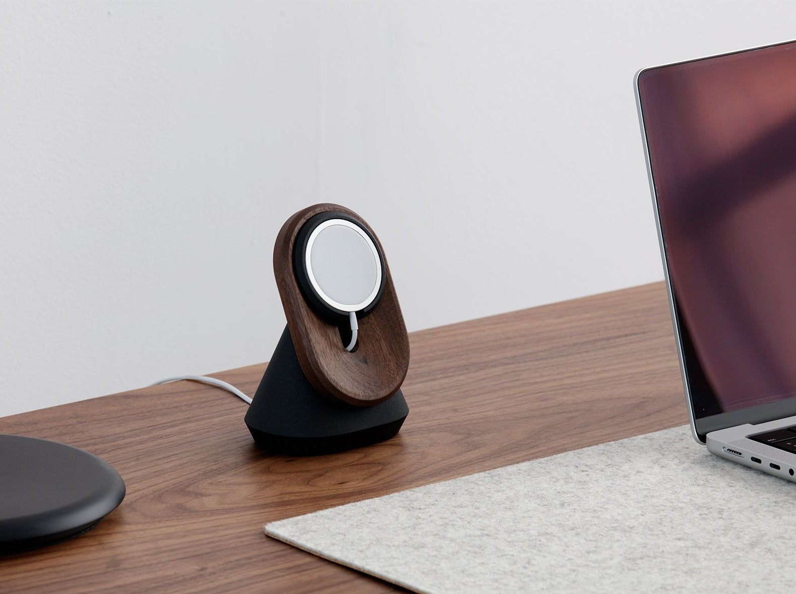 walnut magsafe iphone stand on a walnut desk | walnut