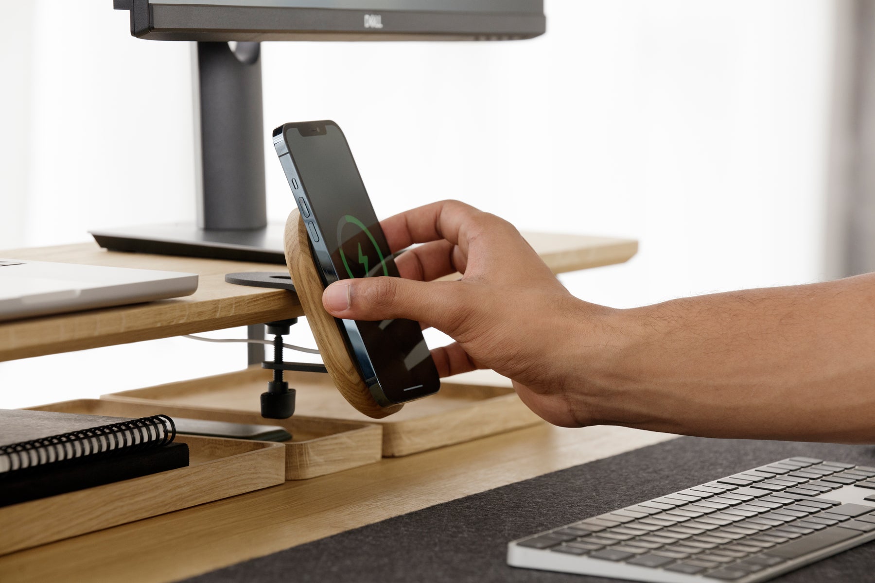 oak magsafe iphone desk shelf mount on a desk shelf | -