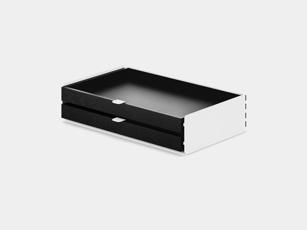 black, dual drawer, white